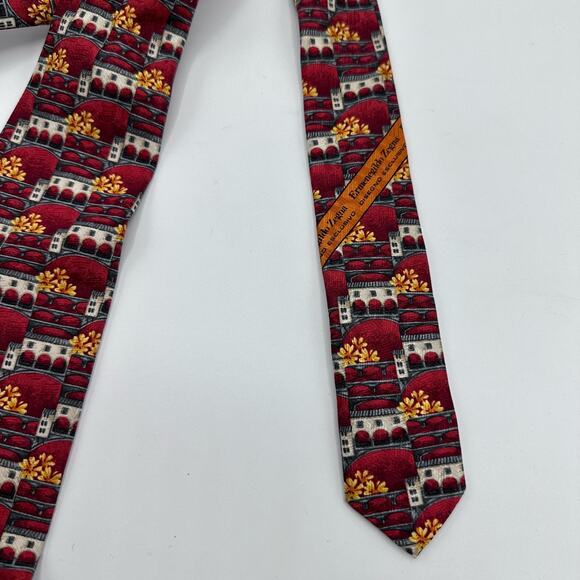 Ermenegildo Zegna Silk Necktie Red Orange Multi Print Designo Exclusiva - Picture 8 of 9